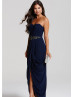 Navy Blue Chiffon Beads Sweetheart Neckline Bandeau Long Prom Dress 